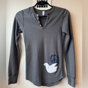 Vintage American Apparel Gray Long Sleeve Henley with Peace Dove Patch